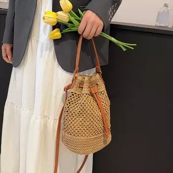 Женская плетеная сумка ручной работы, соломенная сумка-ведро, сумка через плечо с завязками, пляжная сумка из ротанга для девушек хаки
