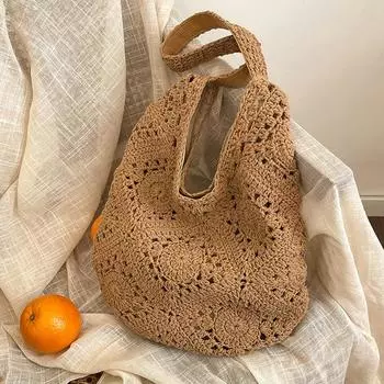 Женская плетеная сумка, шикарная сумка-хобо, большая вместимость, плетеный кошелек через плечо, стильная ажурная сумка, сумка для отпуска 33x2x42cm бежевый