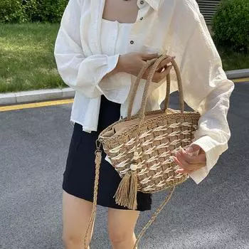 Женская плетеная сумка-тоут контрастного цвета Экологичный материал Тонкая работа Превосходное качество Дата праздничного шопинга