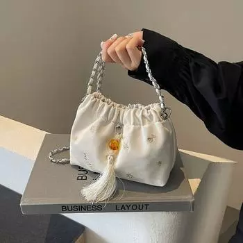 Женская плетеная сумка-ведро с цепочкой, модная женская сумка с вышитыми цветами и кисточками (20cm<Max Length<30cm)