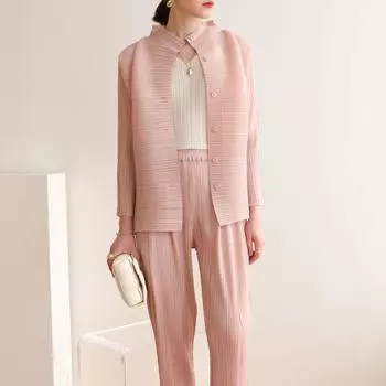 Женская плиссированная блузка, свободный однобортный воротник-стойка с длинным рукавом, эластичная повседневная стильная летняя одежда One size чёрный