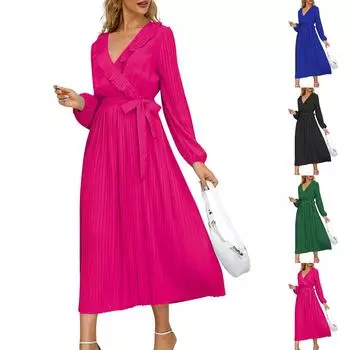 Женская плиссированная длинная юбка с v-образным вырезом и длинными рукавами, тонкое темпераментное платье XXL синий