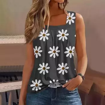 Женская плиссированная футболка без рукавов с квадратным воротником и принтом L чёрный