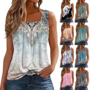 Женская плиссированная футболка без рукавов с квадратным воротником и принтом L синий