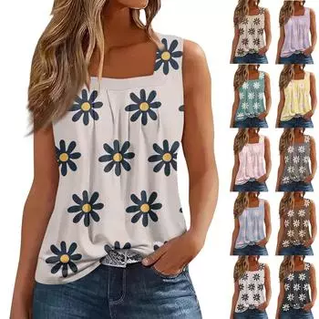 Женская плиссированная футболка без рукавов с квадратным воротником и принтом XXL