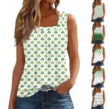 Женская плиссированная футболка без рукавов с квадратным воротником и принтом XXXL