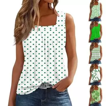 Женская плиссированная футболка без рукавов с квадратным воротником и принтом M