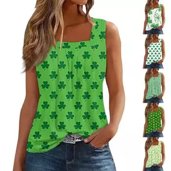 Женская плиссированная футболка без рукавов с квадратным воротником и принтом M