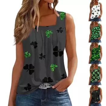 Женская плиссированная футболка без рукавов с квадратным воротником и принтом XXXL