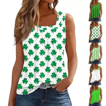 Женская плиссированная футболка без рукавов с квадратным воротником и принтом XXL