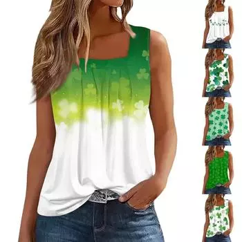 Женская плиссированная футболка без рукавов с квадратным воротником и принтом S