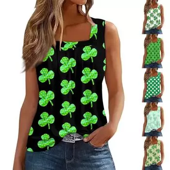 Женская плиссированная футболка без рукавов с квадратным воротником и принтом XXXL