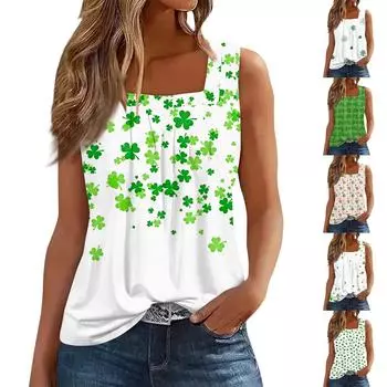 Женская плиссированная футболка без рукавов с квадратным воротником и принтом S