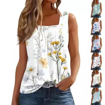 Женская плиссированная футболка без рукавов с квадратным воротником и принтом L розовый