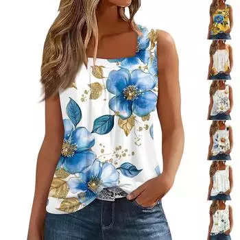 Женская плиссированная футболка без рукавов с квадратным вырезом и цветочным принтом L