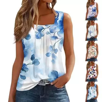 Женская плиссированная футболка без рукавов с квадратным вырезом и цветочным принтом M белый