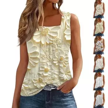 Женская плиссированная футболка без рукавов с квадратным воротником и принтом XXL розовый