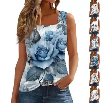 Женская плиссированная футболка без рукавов с квадратным воротником и принтом L красный