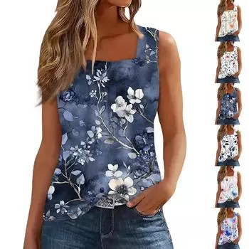 Женская плиссированная футболка без рукавов с квадратным воротником и принтом XXL