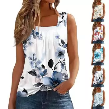 Женская плиссированная футболка без рукавов с квадратным вырезом и цветочным принтом L