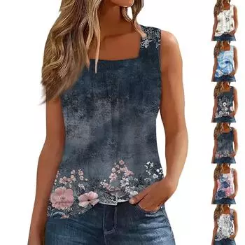 Женская плиссированная футболка без рукавов с квадратным воротником и принтом S