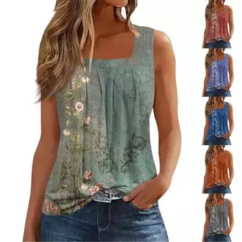 Женская плиссированная футболка без рукавов с квадратным воротником и принтом XL фиолетовый