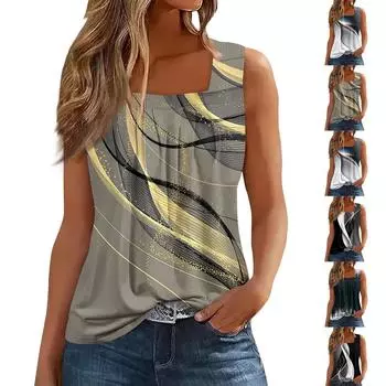 Женская плиссированная футболка без рукавов с квадратным воротником и принтом M