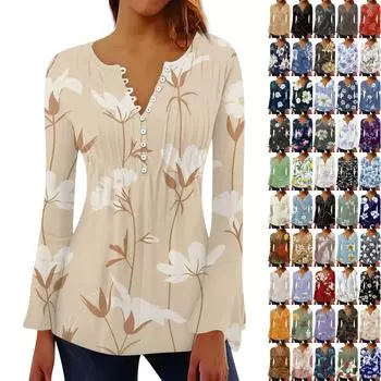 Женская плиссированная футболка на пуговицах с v-образным вырезом и длинными рукавами с цветочным принтом, топы XXL