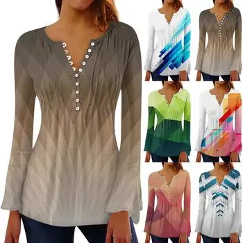 Женская плиссированная футболка на пуговицах с v-образным вырезом и длинными рукавами с цветочным принтом, топы M