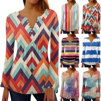 Женская плиссированная футболка на пуговицах с v-образным вырезом и длинными рукавами с цветочным принтом, топы M разноцветный