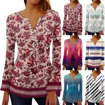 Женская плиссированная футболка на пуговицах с v-образным вырезом и длинными рукавами с цветочным принтом, топы S красный