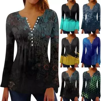 Женская плиссированная футболка на пуговицах с v-образным вырезом и длинными рукавами с цветочным принтом, топы M чёрный