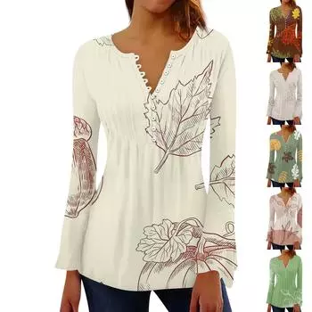 Женская плиссированная футболка на пуговицах с v-образным вырезом и длинными рукавами с цветочным принтом, топы XL бежевый
