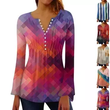 Женская плиссированная футболка на пуговицах с v-образным вырезом и длинными рукавами с цветочным принтом, топы XXL