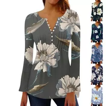 Женская плиссированная футболка на пуговицах с v-образным вырезом и длинными рукавами с цветочным принтом, топы S чёрный