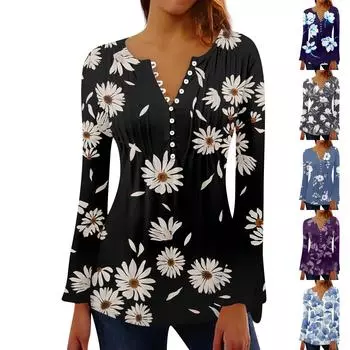 Женская плиссированная футболка на пуговицах с v-образным вырезом и длинными рукавами с цветочным принтом, топы M синий