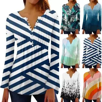 Женская плиссированная футболка на пуговицах с v-образным вырезом и длинными рукавами с цветочным принтом, топы S шафрановый