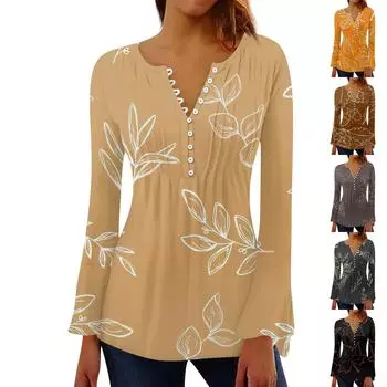 Женская плиссированная футболка на пуговицах с v-образным вырезом и длинными рукавами с цветочным принтом, топы M зелёный