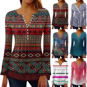 Женская плиссированная футболка на пуговицах с v-образным вырезом и длинными рукавами с цветочным принтом, топы XL