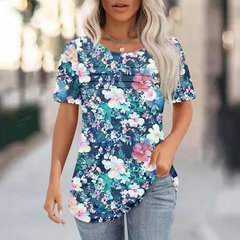 Женская плиссированная футболка с круглым вырезом и ботаническим принтом, короткий рукав L чёрный