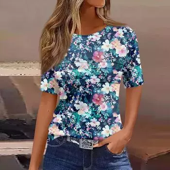Женская плиссированная футболка с круглым вырезом и цветочным принтом, короткий рукав, топ с разрезом по низу L синий