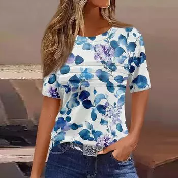 Женская плиссированная футболка с круглым вырезом и цветочным принтом, короткий рукав, топ с разрезом по низу L синий