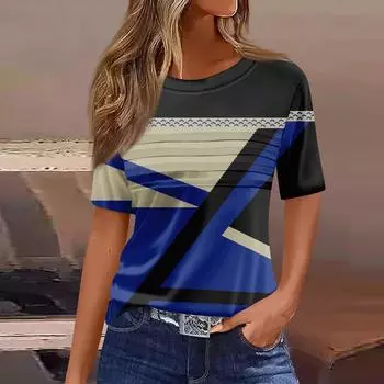 Женская плиссированная футболка с круглым вырезом и полосатым принтом, короткий рукав, топ с разрезом по низу L синий