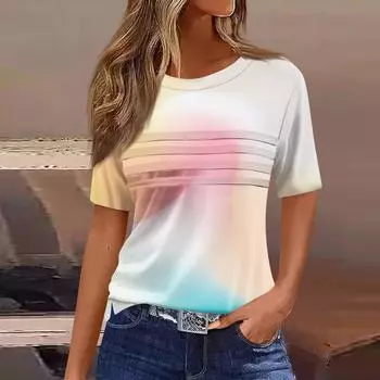 Женская плиссированная футболка с круглым вырезом и градиентным принтом, короткий рукав, топ с разрезом по низу L синий