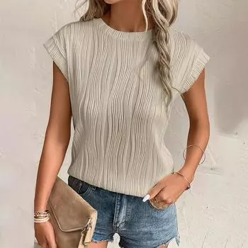Женская плиссированная футболка с круглым вырезом и коротким рукавом, однотонная летняя повседневная футболка