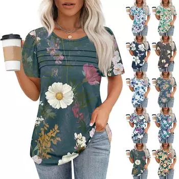 Женская плиссированная футболка с круглым вырезом и ботаническим принтом, короткий рукав L чёрный