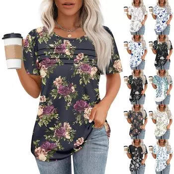 Женская плиссированная футболка с круглым вырезом и ботаническим принтом, короткий рукав L чёрный