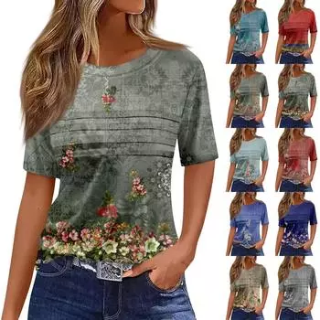 Женская плиссированная футболка с круглым вырезом и цветочным принтом, короткий рукав, топ с разрезом по низу L синий