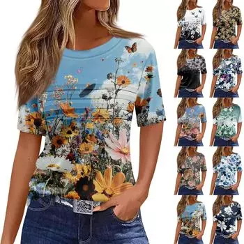 Женская плиссированная футболка с круглым вырезом и цветочным принтом, короткий рукав, топ с разрезом по низу L синий