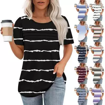 Женская плиссированная футболка с круглым вырезом и полосатым принтом с коротким рукавом L чёрный